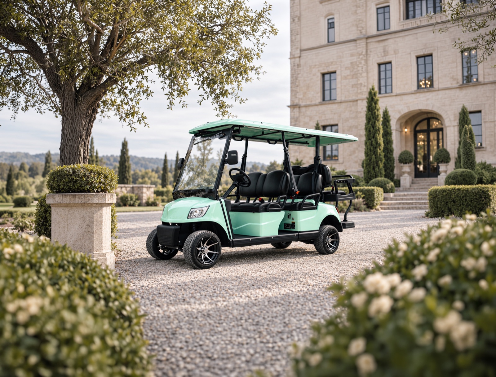 Mint-green electric golf cart in the gravel courtyard of a manor house
