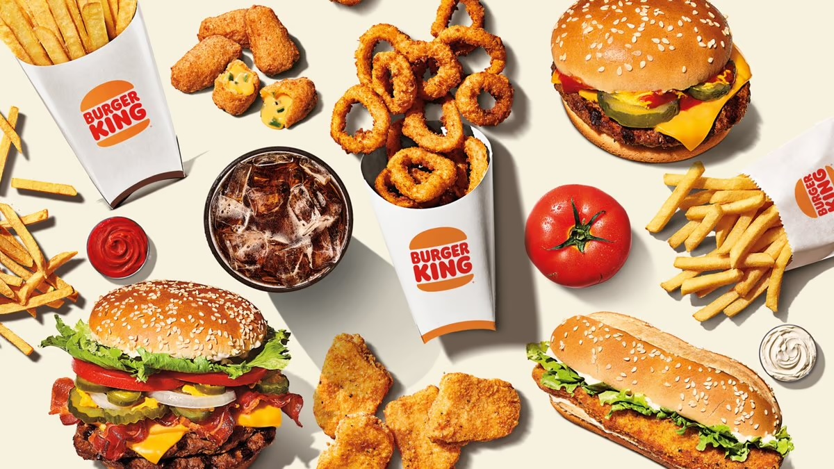 Burger King menu from above: burgers, fries and onion rings