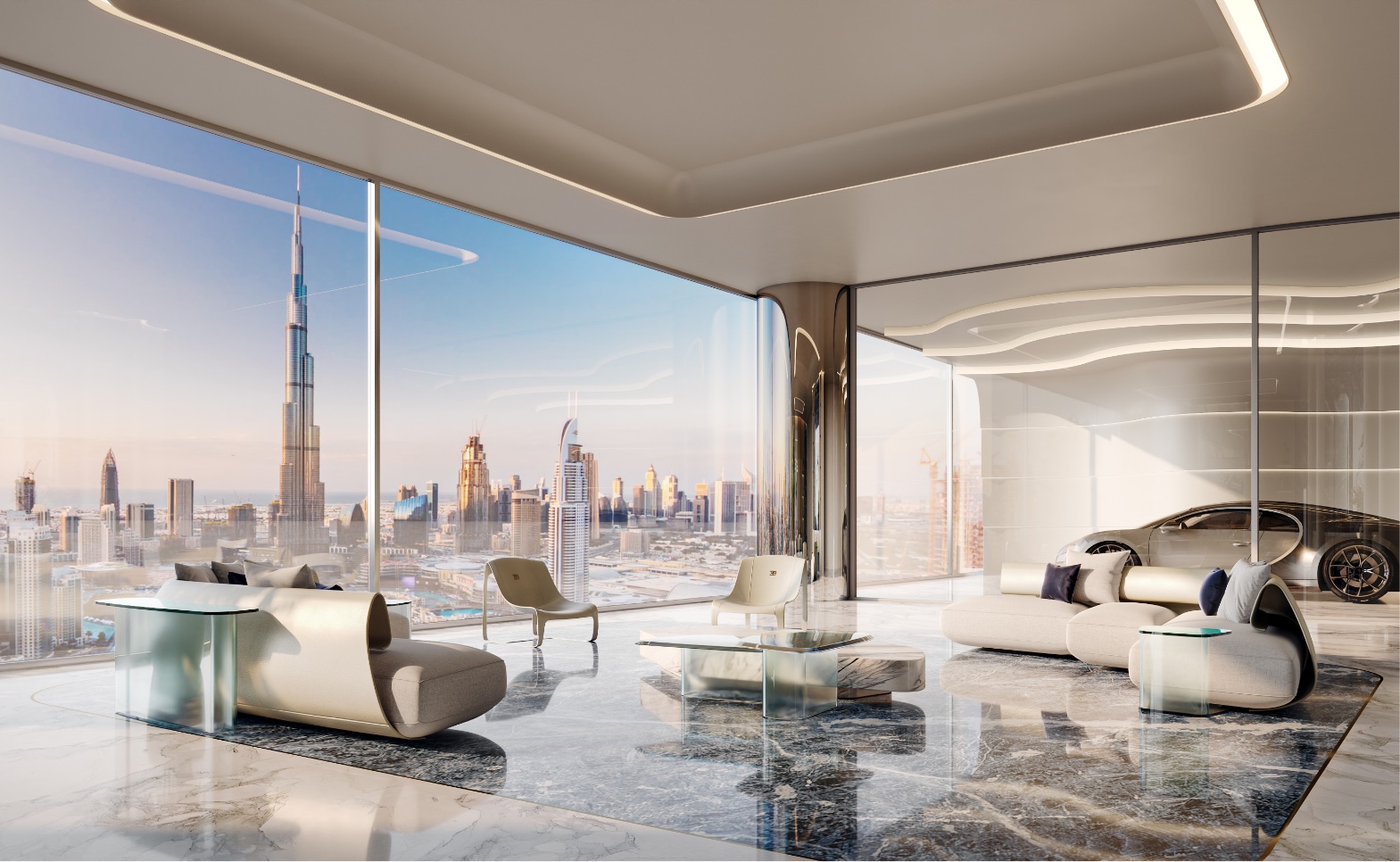 Living room of a Dubai luxury residence with a panoramic view of the Burj Khalifa
