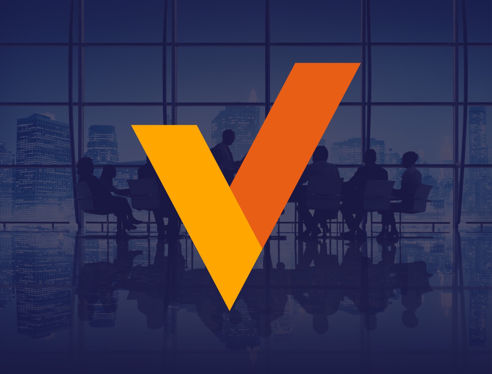 The orange V mark of MFB Invest in front of a meeting room silhouette and a city panorama